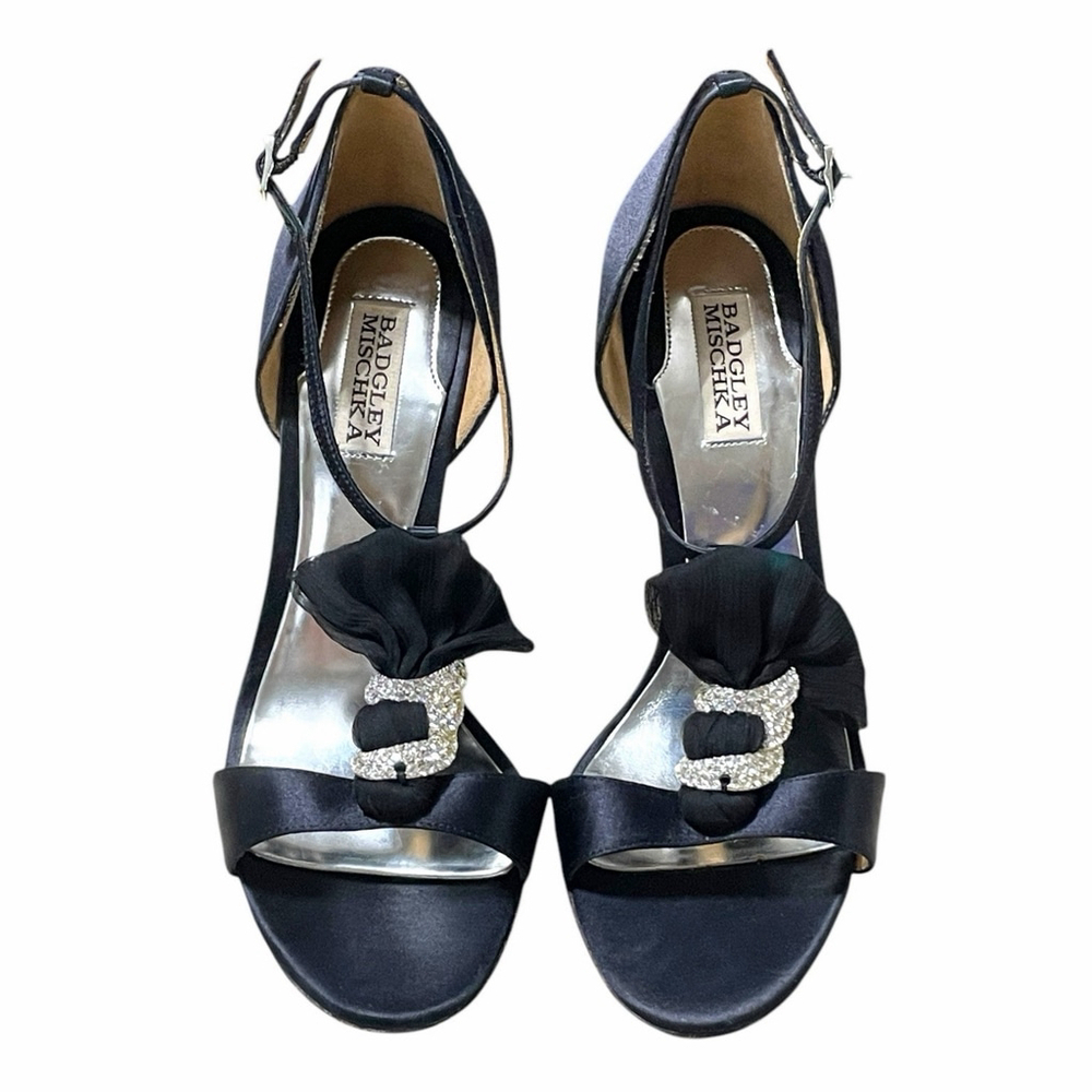 Badgley Mischka Women 10 Heels Open Toe Satin Rhinestone Stiletto Platform Black - Picture 5 of 16